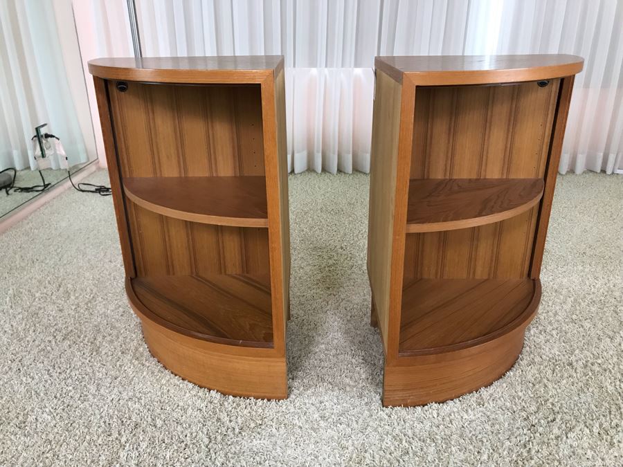 Pair Of Danish Modern Corner Cabinets With Tambour Accordion Sliding Pocket Doors By Hundevad 17W X 17D X 26H [Photo 10]