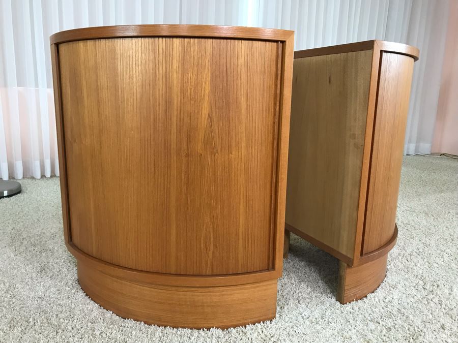 Pair Of Danish Modern Corner Cabinets With Tambour Accordion Sliding Pocket Doors By Hundevad 17W X 17D X 26H [Photo 5]