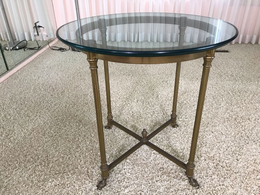 Vintage Brass Hoof Feet Table With Glass Top [Photo 2]