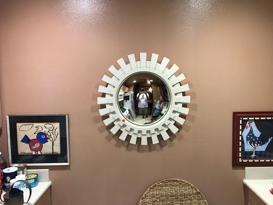 Baker Furniture Modernist White Sunburst Convex Mirror (Red Dot Is Sticker That's Been Removed) [Photo 2]