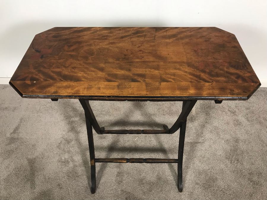 Antique Primitive Hand Painted Folding Table With Birds 30W X 15D X 28H [Photo 2]