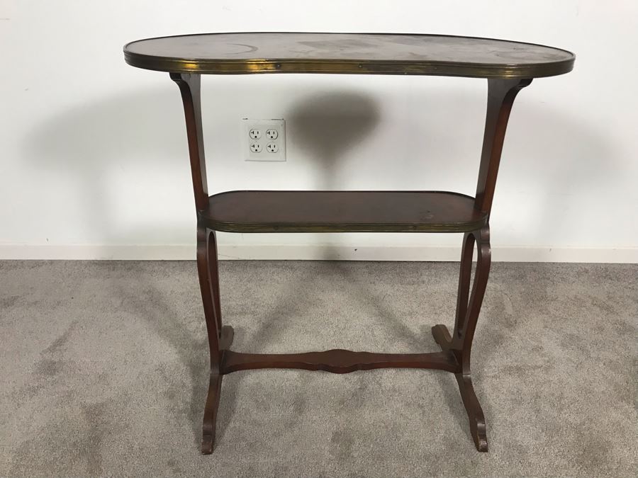 Antique Wood And Brass Kidney Shaped Table Stand Desk 28W X 15D X 28H [Photo 3]
