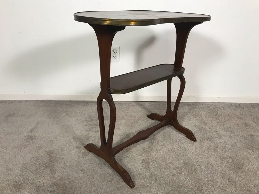 Antique Wood And Brass Kidney Shaped Table Stand Desk 28W X 15D X 28H [Photo 5]