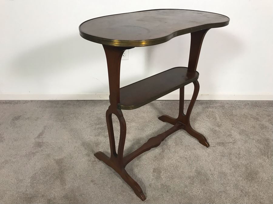 Antique Wood And Brass Kidney Shaped Table Stand Desk 28W X 15D X 28H [Photo 1]