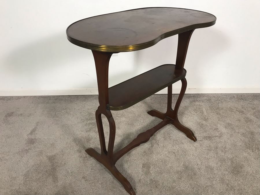 Antique Wood And Brass Kidney Shaped Table Stand Desk 28W X 15D X 28H [Photo 4]
