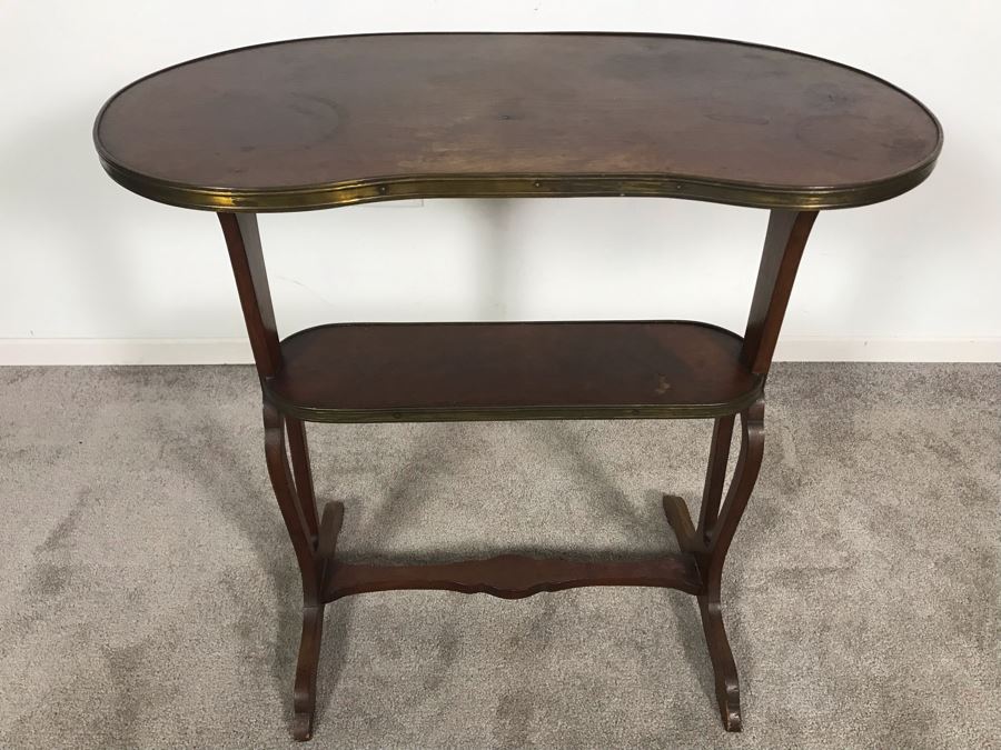 Antique Wood And Brass Kidney Shaped Table Stand Desk 28W X 15D X 28H [Photo 2]