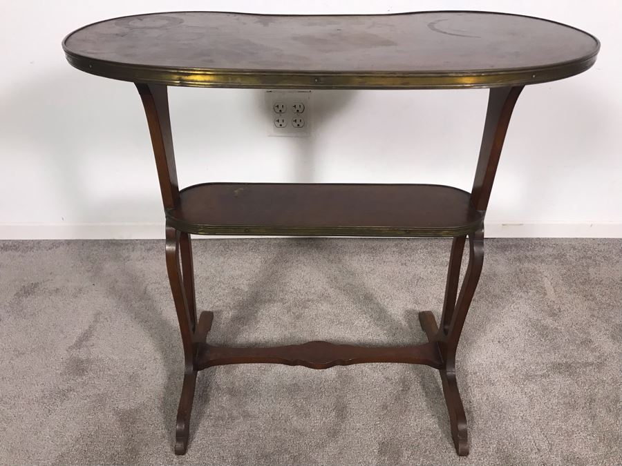 Antique Wood And Brass Kidney Shaped Table Stand Desk 28W X 15D X 28H [Photo 7]