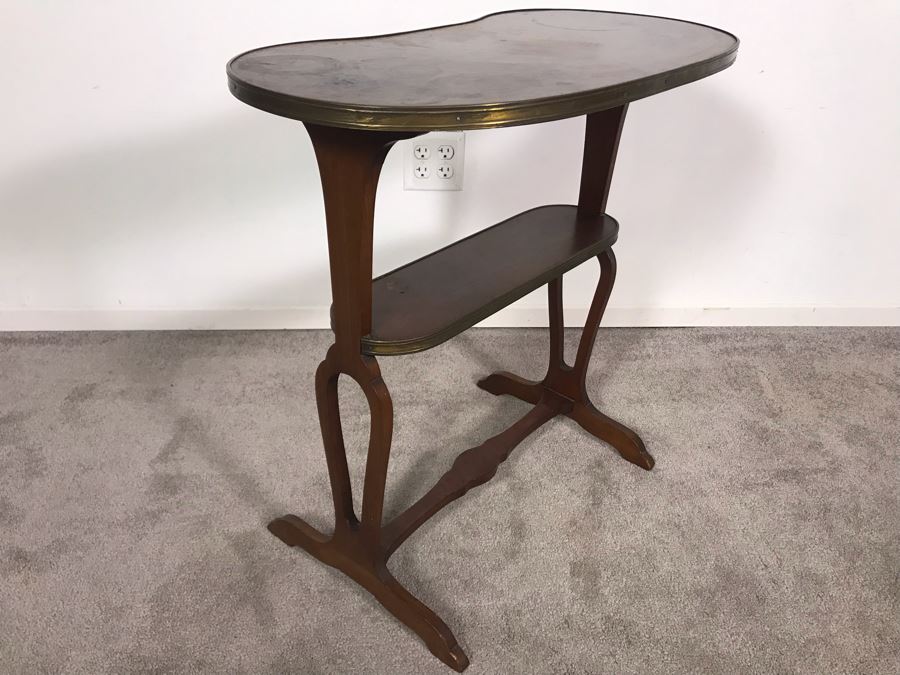 Antique Wood And Brass Kidney Shaped Table Stand Desk 28W X 15D X 28H [Photo 8]