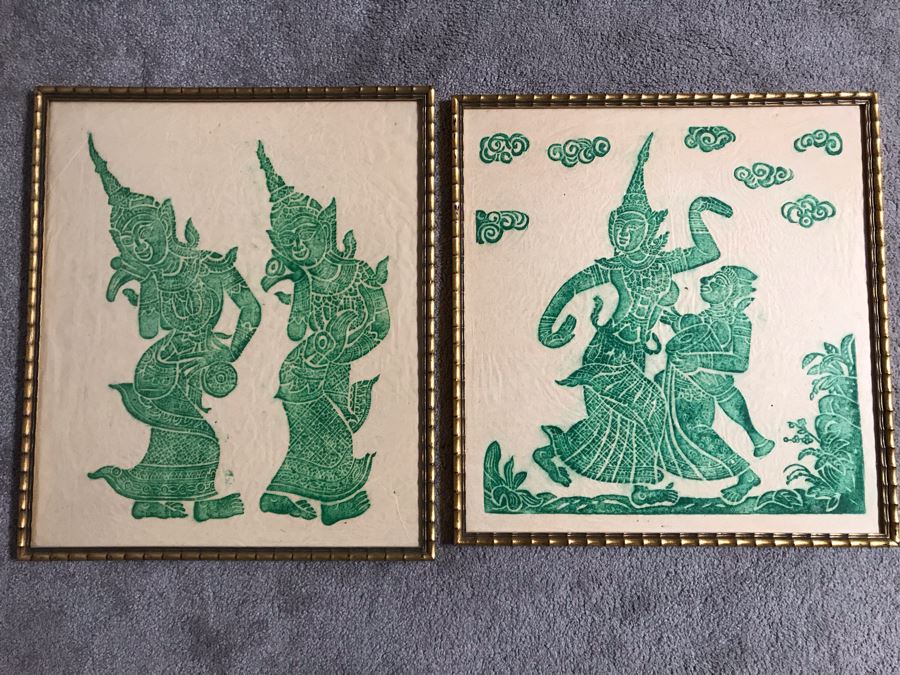 Pair Of Gold Framed Vintage Green Thai Rubbings Apx 18 X 21 [Photo 2]