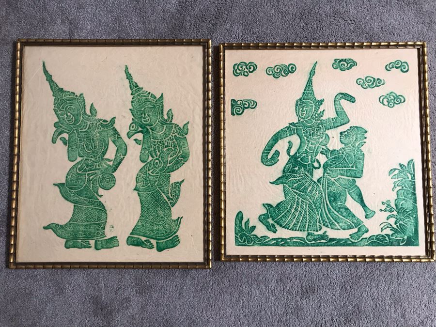 Pair Of Gold Framed Vintage Green Thai Rubbings Apx 18 X 21