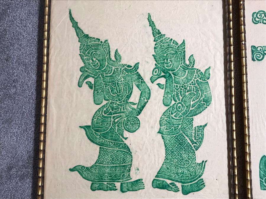 Pair Of Gold Framed Vintage Green Thai Rubbings Apx 18 X 21 [Photo 6]