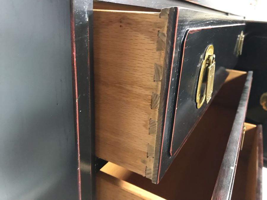Stunning Black And Red Chinoiserie Wooden Chest Of Drawers Dresser 72W X 19D X 31.5H [Photo 10]
