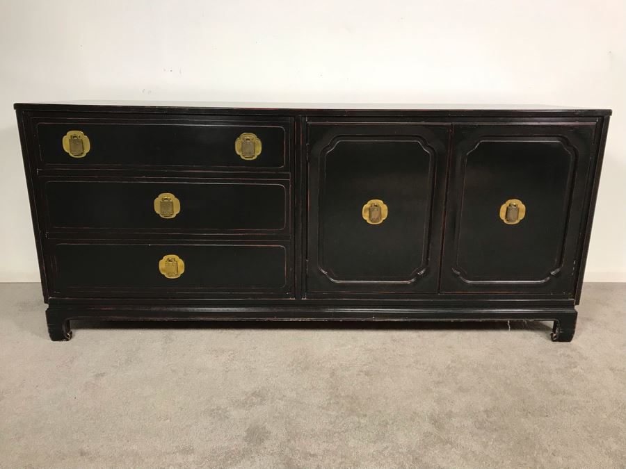 Stunning Black And Red Chinoiserie Wooden Chest Of Drawers Dresser 72W X 19D X 31.5H [Photo 2]