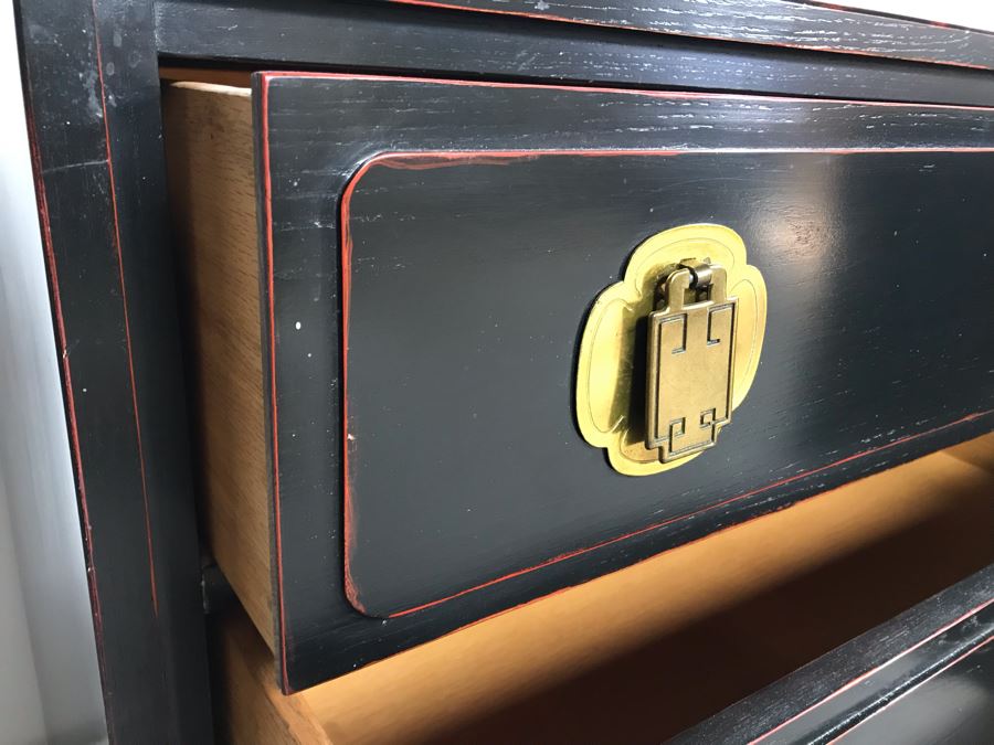 Stunning Black And Red Chinoiserie Wooden Chest Of Drawers Dresser 72W X 19D X 31.5H [Photo 9]