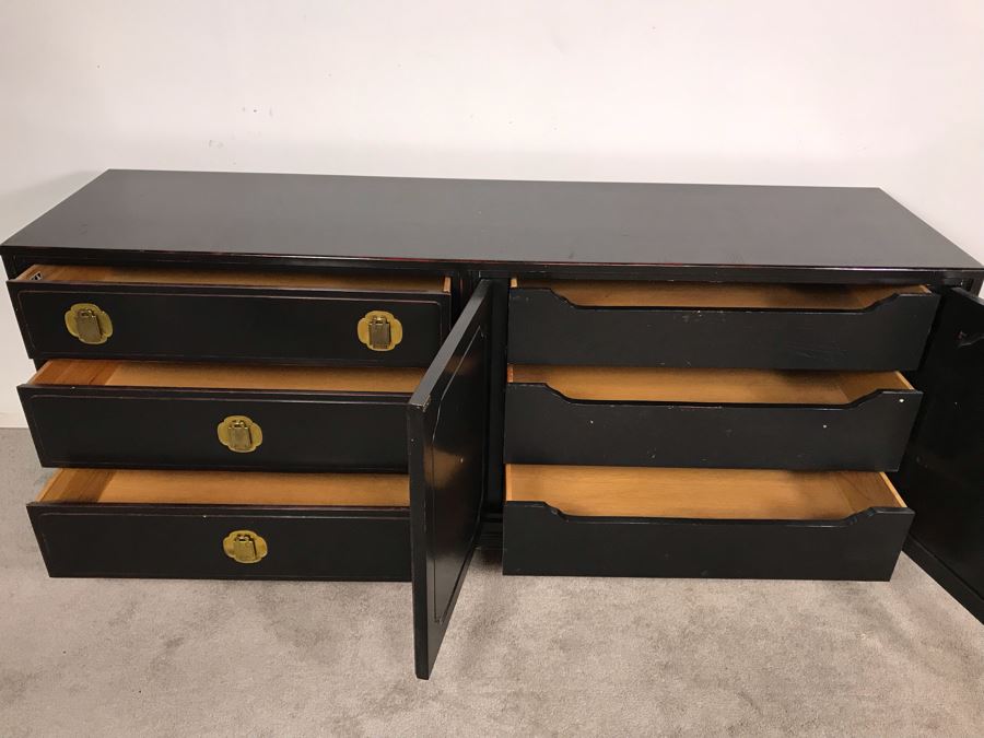 Stunning Black And Red Chinoiserie Wooden Chest Of Drawers Dresser 72W X 19D X 31.5H [Photo 7]