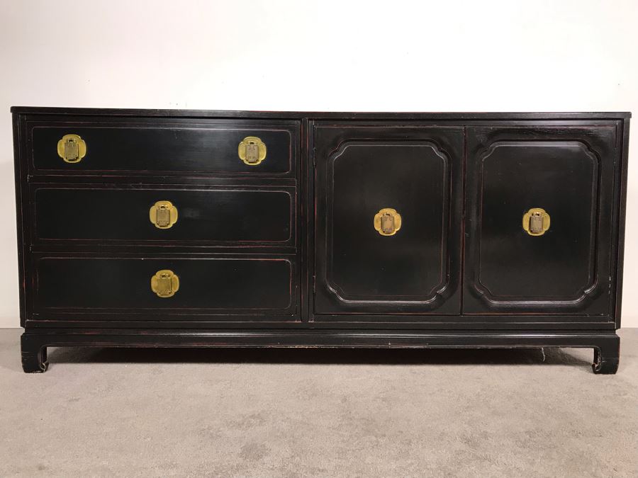 Stunning Black And Red Chinoiserie Wooden Chest Of Drawers Dresser 72W X 19D X 31.5H