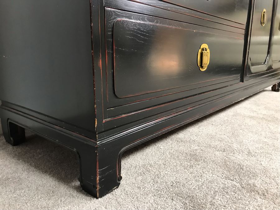 Stunning Black And Red Chinoiserie Wooden Chest Of Drawers Dresser 72W X 19D X 31.5H [Photo 11]