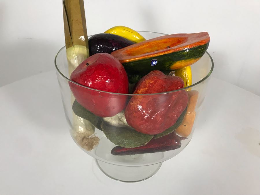 Footed Glass Centerpiece Bowl With Faux Fruit 10W X 10H [Photo 3]
