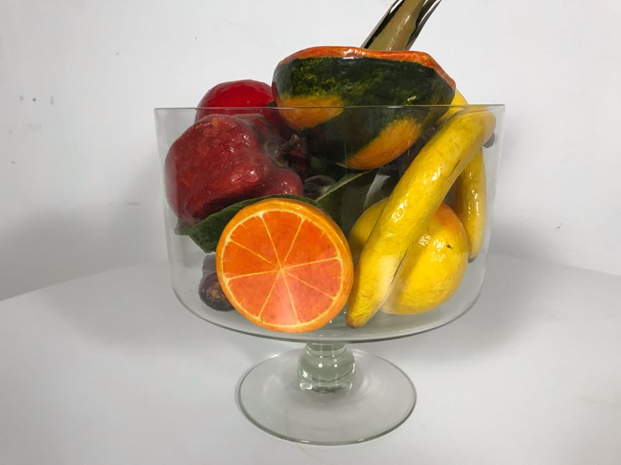Footed Glass Centerpiece Bowl With Faux Fruit 10W X 10H [Photo 1]