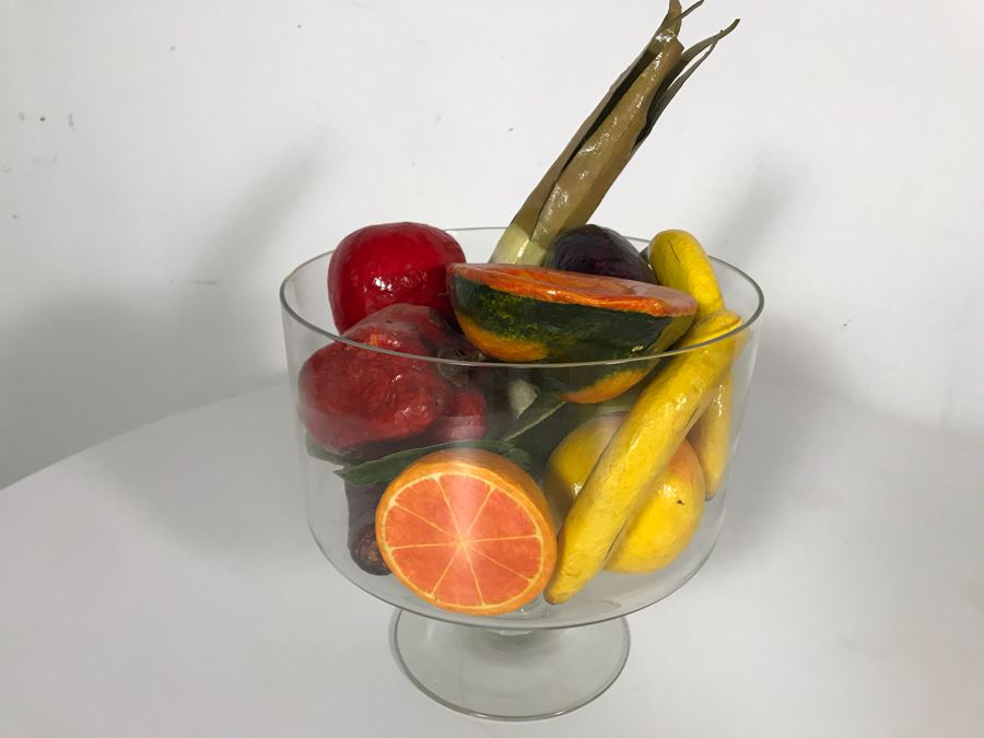 Footed Glass Centerpiece Bowl With Faux Fruit 10W X 10H [Photo 7]