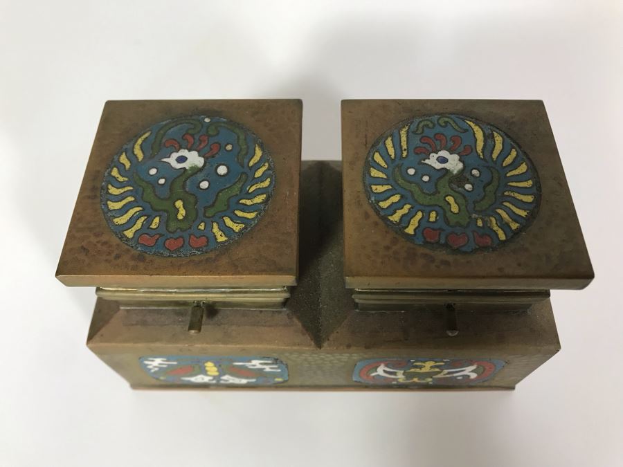Brass Cloisonne Double Inkwell 5W X 2.5D X 3H [Photo 3]