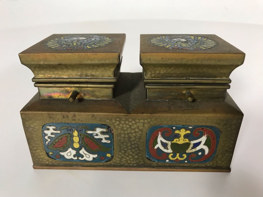 Brass Cloisonne Double Inkwell 5W X 2.5D X 3H