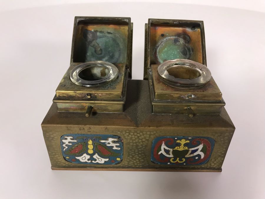 Brass Cloisonne Double Inkwell 5W X 2.5D X 3H [Photo 4]