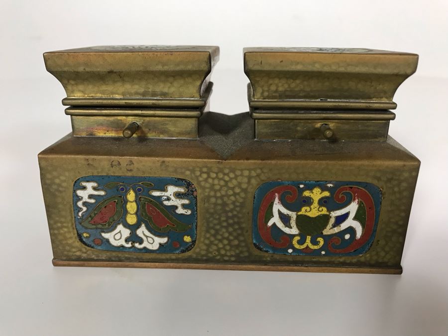 Brass Cloisonne Double Inkwell 5W X 2.5D X 3H [Photo 2]