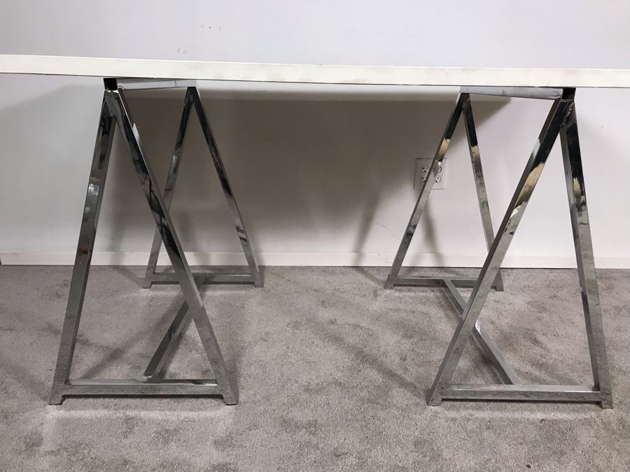 Pair Of Polished Chrome Table Stands Saw Horses With Table Top 60W X 32D X 30H  [Photo 3]
