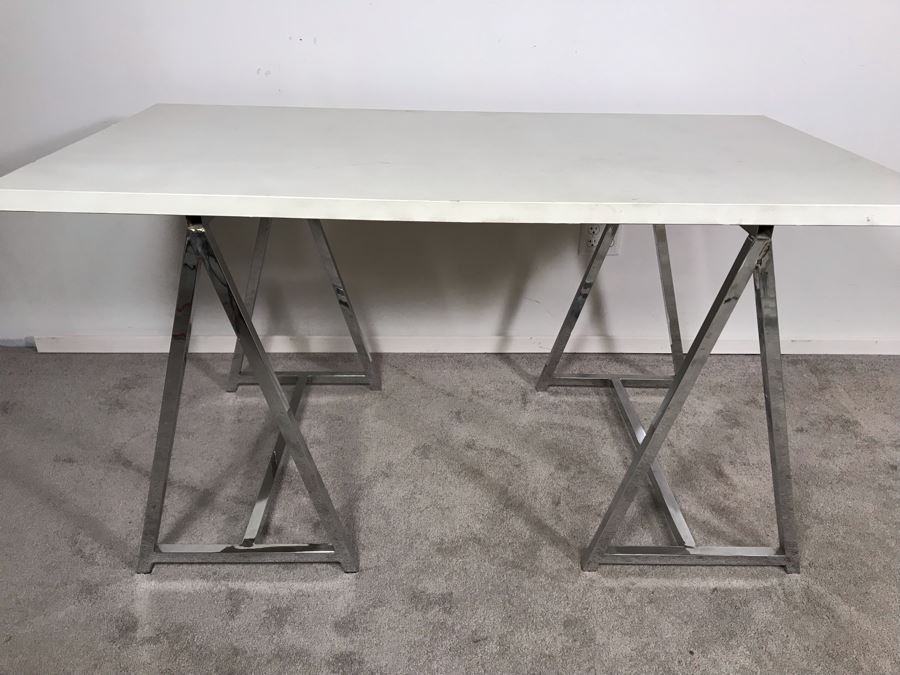 Pair Of Polished Chrome Table Stands Saw Horses With Table Top 60W X 32D X 30H  [Photo 2]