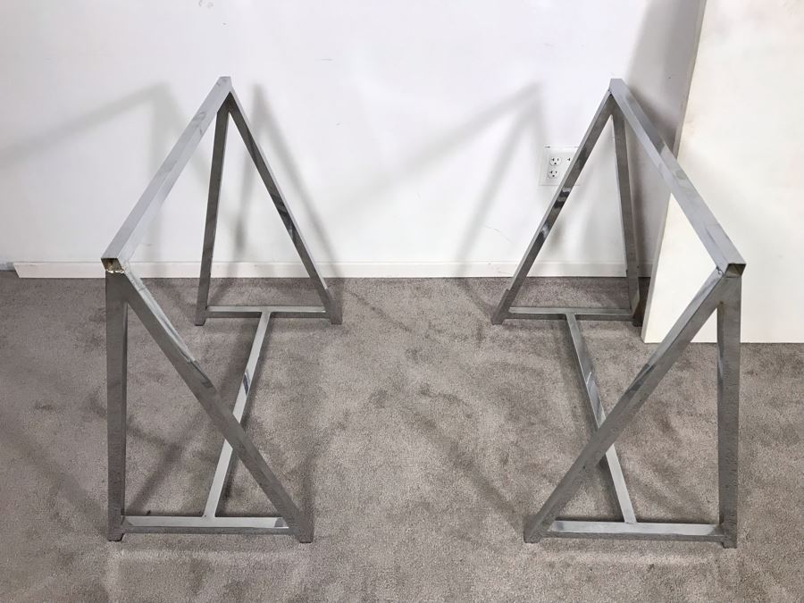 Pair Of Polished Chrome Table Stands Saw Horses With Table Top 60W X 32D X 30H  [Photo 5]