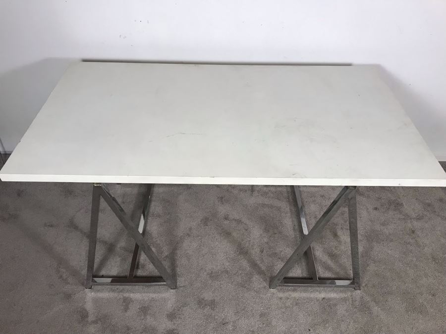 Pair Of Polished Chrome Table Stands Saw Horses With Table Top 60W X 32D X 30H  [Photo 4]