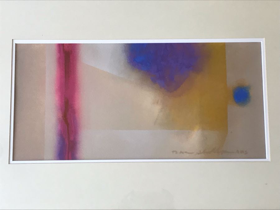 Dick Phillips (1933-2011) Original Acrylic On Paper Abstract Painting Titled 'Equipoise' Purchased From Riggins Gallery In Scottsdale, AZ For $900 In 1990 (Glass Has Internal Chips Near Edge Of Frame) 20 X 9.5 [Photo 5]