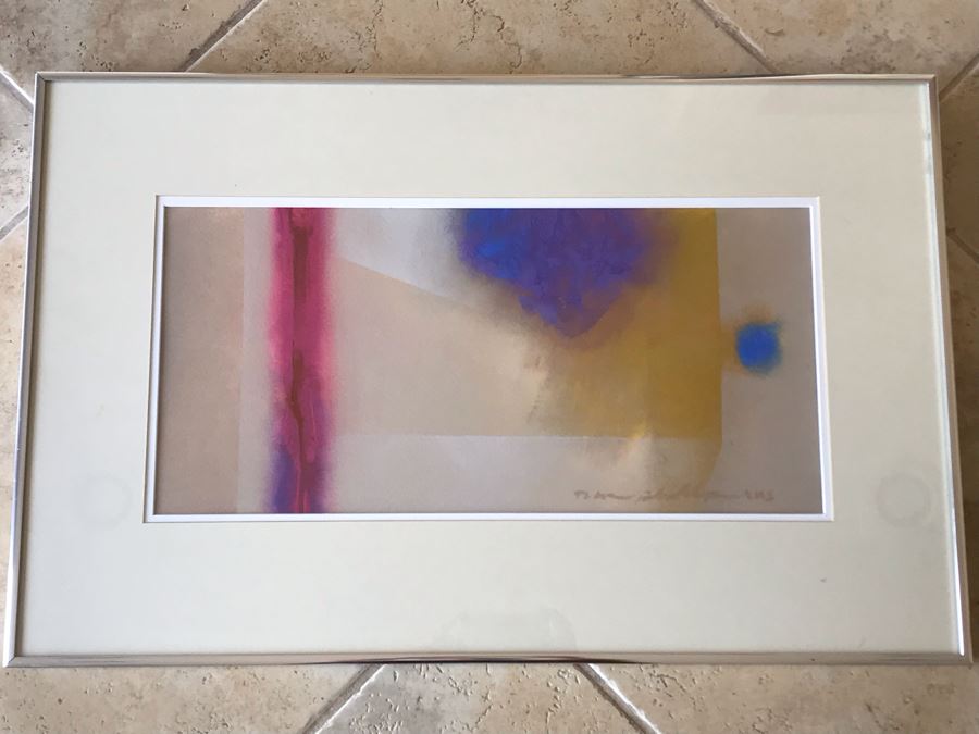 Dick Phillips (1933-2011) Original Acrylic On Paper Abstract Painting Titled 'Equipoise' Purchased From Riggins Gallery In Scottsdale, AZ For $900 In 1990 (Glass Has Internal Chips Near Edge Of Frame) 20 X 9.5 [Photo 1]
