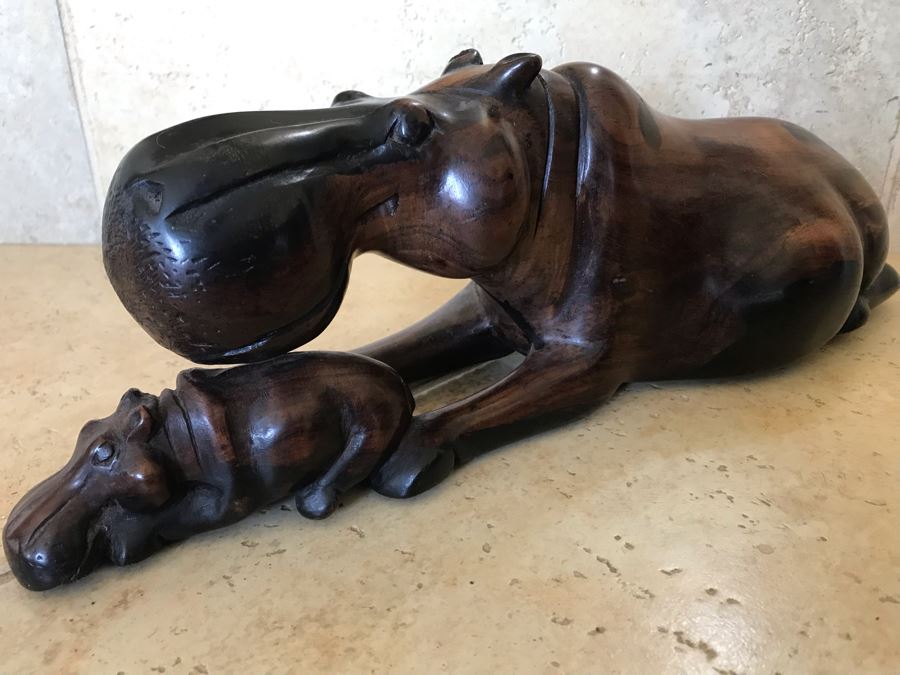 Large Hand Carved Ironwood Hippopotamus With Baby Sculpture Figurine 15W X 5D X 5H [Photo 2]