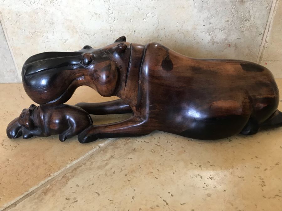 Large Hand Carved Ironwood Hippopotamus With Baby Sculpture Figurine 15W X 5D X 5H [Photo 5]