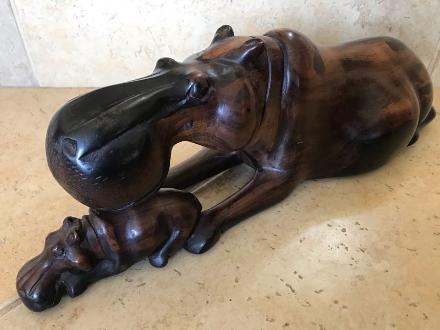 Large Hand Carved Ironwood Hippopotamus With Baby Sculpture Figurine 15W X 5D X 5H [Photo 4]