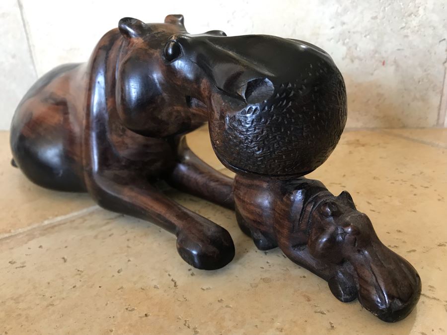 Large Hand Carved Ironwood Hippopotamus With Baby Sculpture Figurine 15W X 5D X 5H [Photo 8]