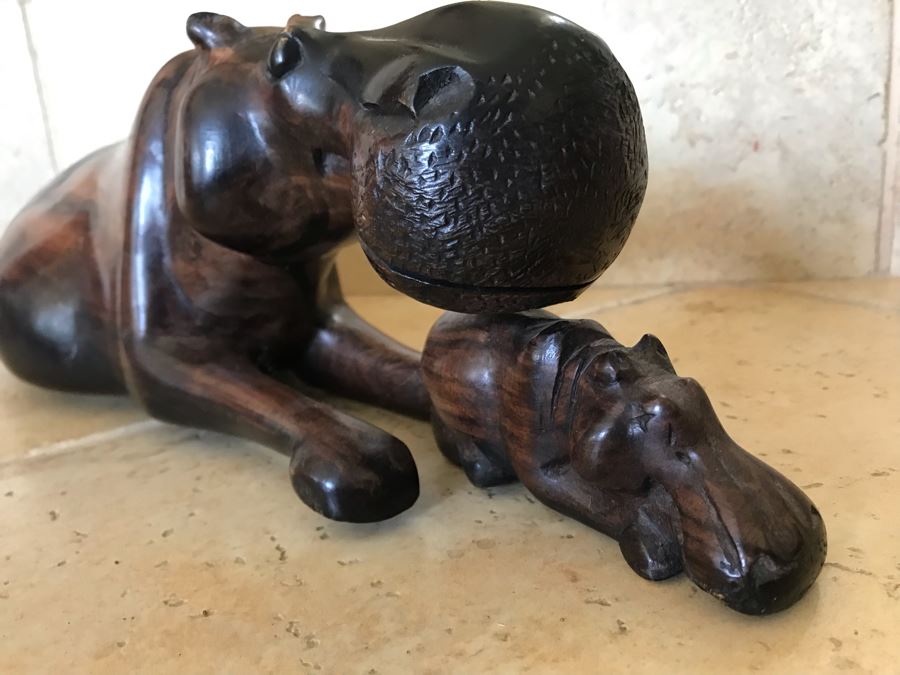 Large Hand Carved Ironwood Hippopotamus With Baby Sculpture Figurine 15W X 5D X 5H [Photo 9]