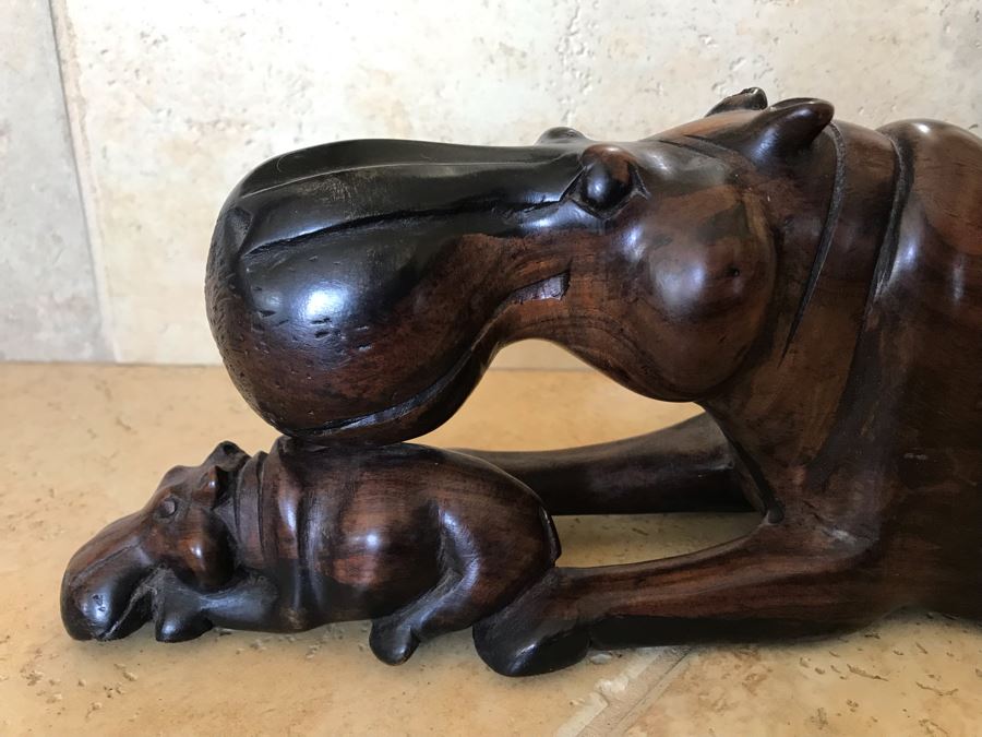 Large Hand Carved Ironwood Hippopotamus With Baby Sculpture Figurine 15W X 5D X 5H [Photo 6]