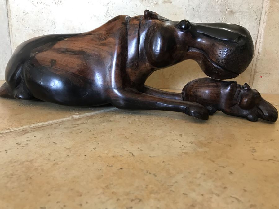 Large Hand Carved Ironwood Hippopotamus With Baby Sculpture Figurine 15W X 5D X 5H [Photo 10]