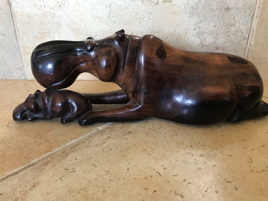 Large Hand Carved Ironwood Hippopotamus With Baby Sculpture Figurine 15W X 5D X 5H