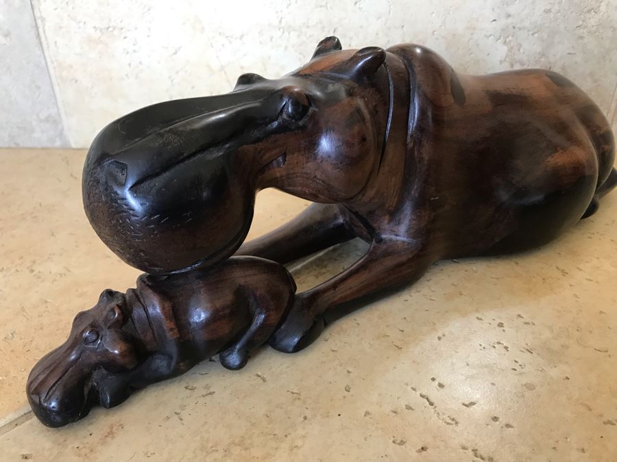 Large Hand Carved Ironwood Hippopotamus With Baby Sculpture Figurine 15W X 5D X 5H [Photo 3]