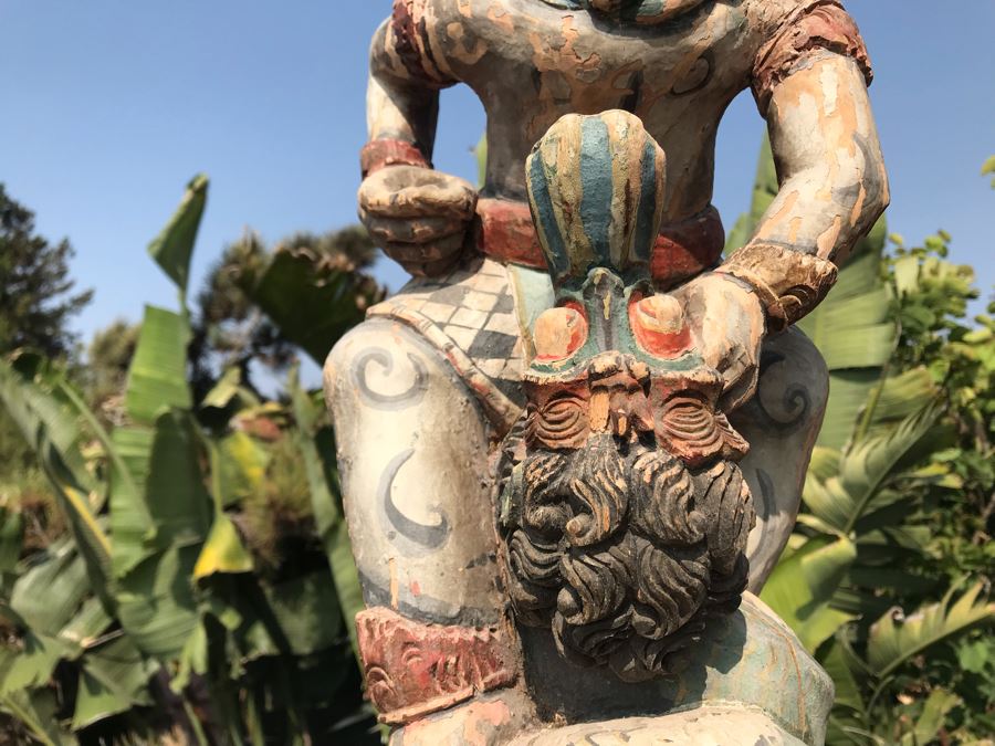 Large Antique Thai Hand Carved Hand Painted Wooden Statue Showing Man Wrestling With Dragon Serpent 9W X 24H [Photo 10]
