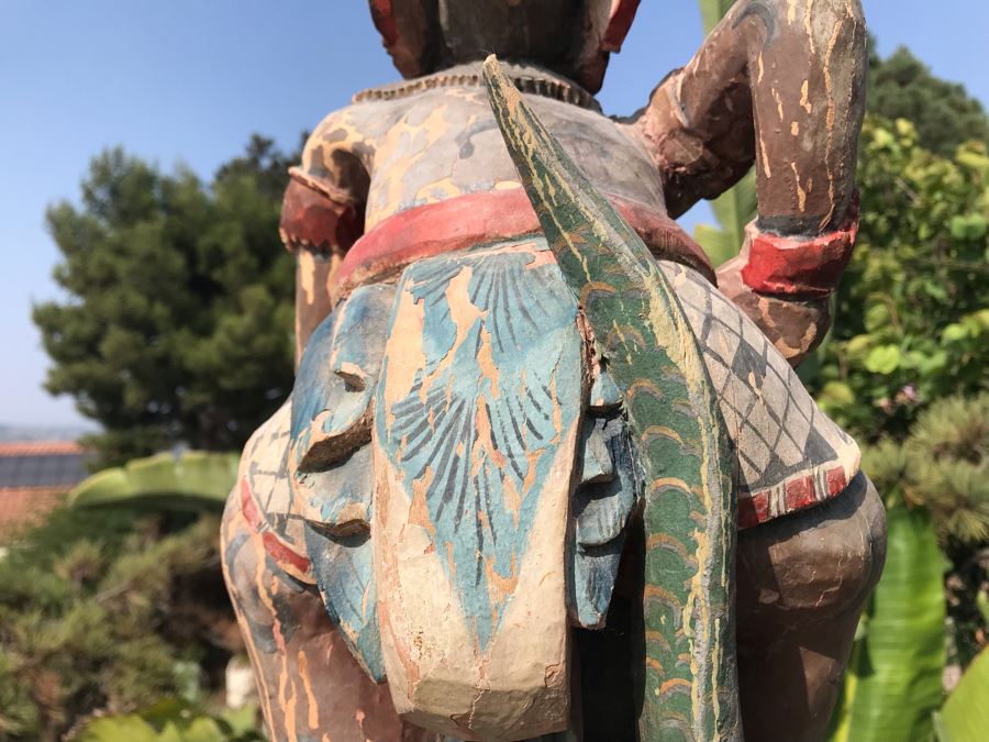 Large Antique Thai Hand Carved Hand Painted Wooden Statue Showing Man Wrestling With Dragon Serpent 9W X 24H [Photo 20]