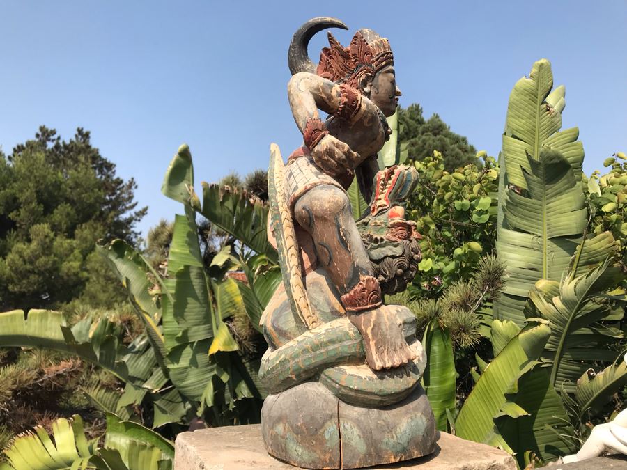 Large Antique Thai Hand Carved Hand Painted Wooden Statue Showing Man Wrestling With Dragon Serpent 9W X 24H [Photo 22]