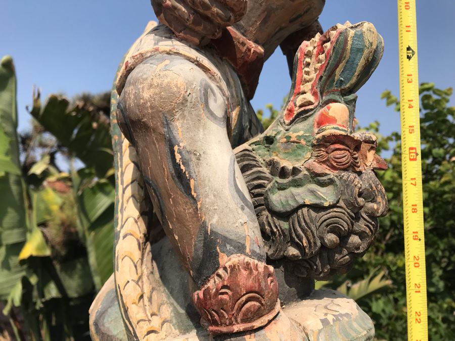 Large Antique Thai Hand Carved Hand Painted Wooden Statue Showing Man Wrestling With Dragon Serpent 9W X 24H [Photo 4]