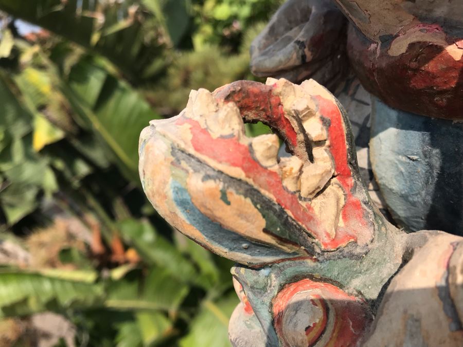 Large Antique Thai Hand Carved Hand Painted Wooden Statue Showing Man Wrestling With Dragon Serpent 9W X 24H [Photo 14]