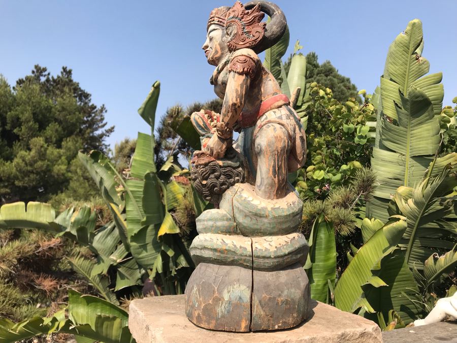 Large Antique Thai Hand Carved Hand Painted Wooden Statue Showing Man Wrestling With Dragon Serpent 9W X 24H [Photo 12]