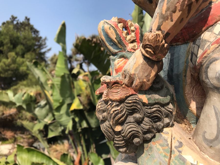 Large Antique Thai Hand Carved Hand Painted Wooden Statue Showing Man Wrestling With Dragon Serpent 9W X 24H [Photo 13]